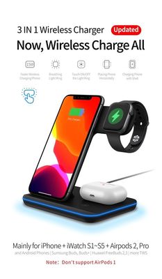 Caricabatterie senza fili in silicone Qi 3 in 1, portabile portabile 15w